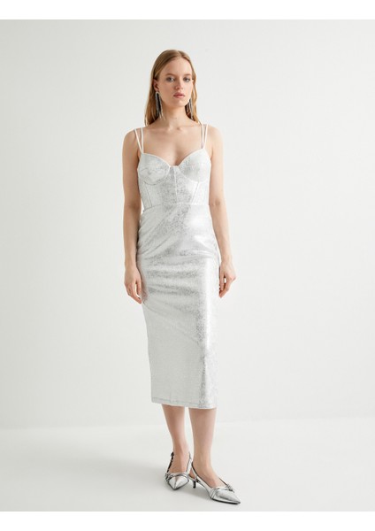 Midi Askılı Abiye Elbise Bridal Kalp Yaka Metalik Varak Baskılı modelleri