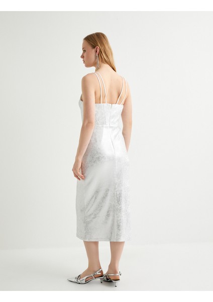 Midi Askılı Abiye Elbise Bridal Kalp Yaka Metalik Varak Baskılı fırsatları