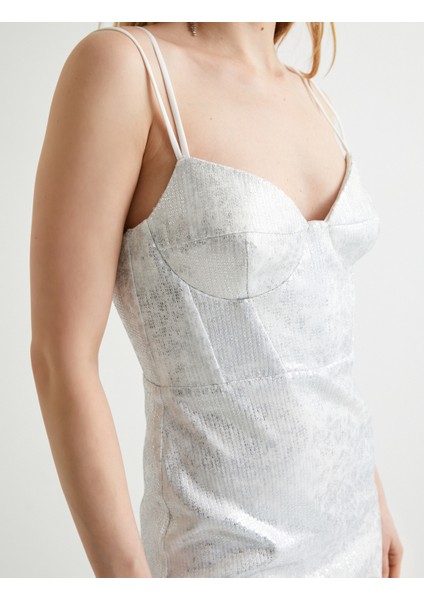 Midi Askılı Abiye Elbise Bridal Kalp Yaka Metalik Varak Baskılı indirimleri