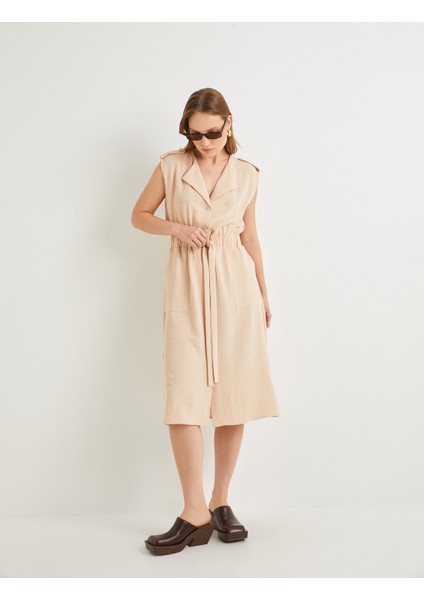 Midi Gömlek Elbise Beli Kuşaklı Düğmeli Cepli Apoletli