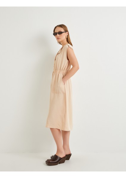 Midi Gömlek Elbise Beli Kuşaklı Düğmeli Cepli Apoletli fiyatları