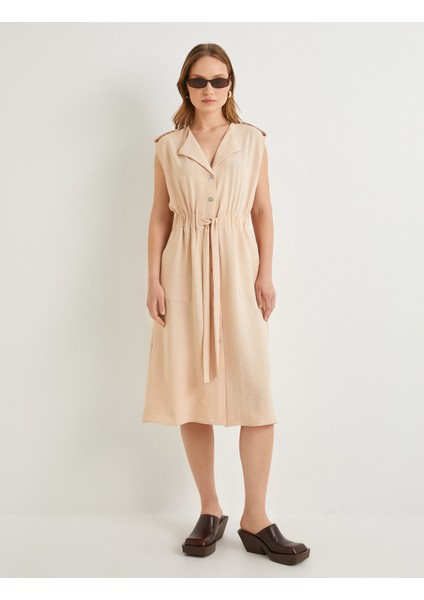 Midi Gömlek Elbise Beli Kuşaklı Düğmeli Cepli Apoletli modelleri