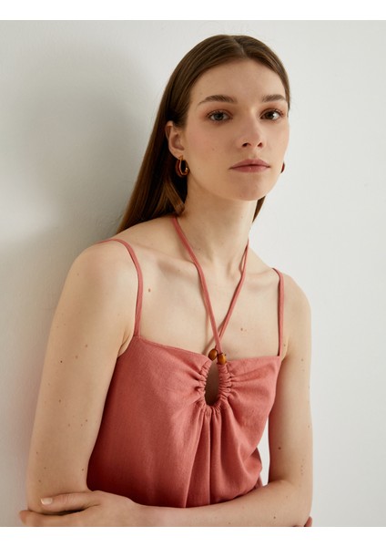 Midi Keten Elbise Boyundan Bağlamalı Pencere Detaylı Yırtmaçlı