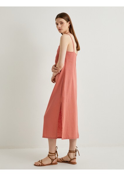 Midi Keten Elbise Boyundan Bağlamalı Pencere Detaylı Yırtmaçlı fiyatları