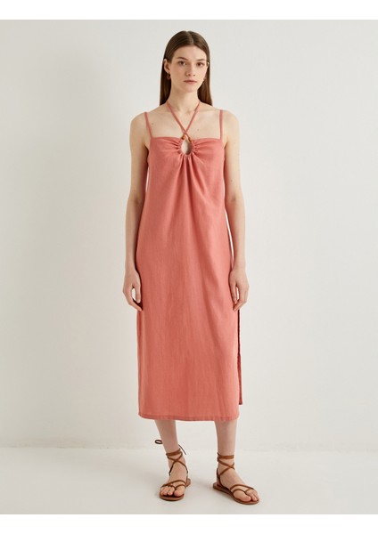 Midi Keten Elbise Boyundan Bağlamalı Pencere Detaylı Yırtmaçlı modelleri