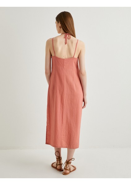 Midi Keten Elbise Boyundan Bağlamalı Pencere Detaylı Yırtmaçlı fırsatları