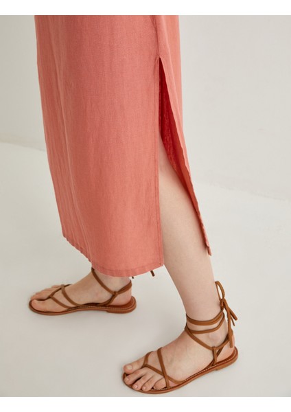 Midi Keten Elbise Boyundan Bağlamalı Pencere Detaylı Yırtmaçlı indirimleri