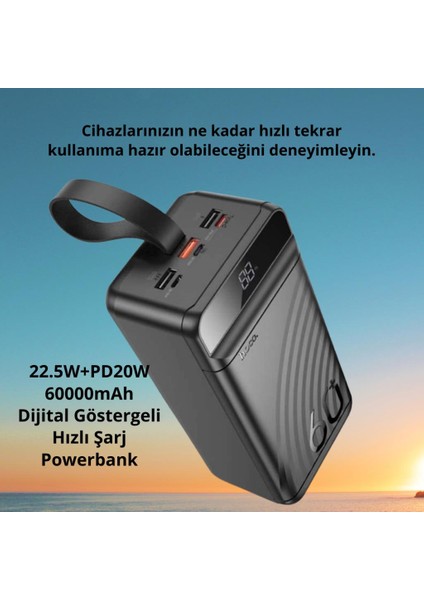 LED Işıklı Ultra Hızlı Dev 22.5W+PD20W 60000MAH Powerbank Güç Bankası Şarj Akım Korumalı