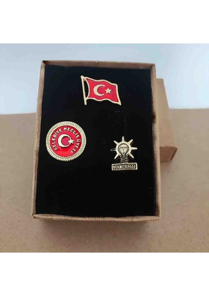 Caca Tasarım Türk Bayrağı Belediye Meclis Üyesi ve Ak Parti Yazılı Yaka Rozeti 3'lü Set Metal Gold Renk Kutulu