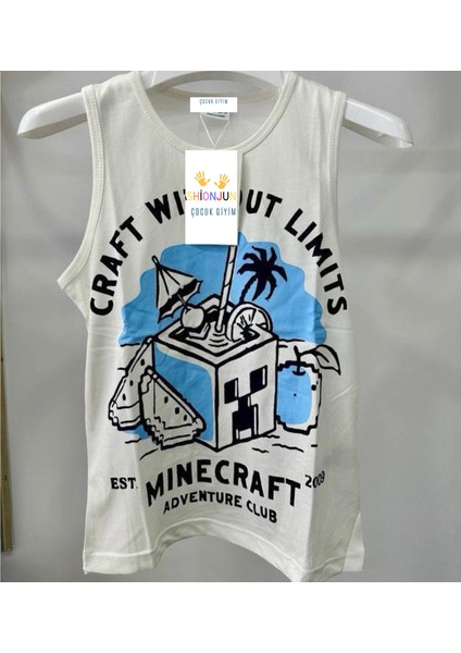 Erkek Çocuk Minecraft Yazılı Beyaz Renk Yarım Kollu Tişört