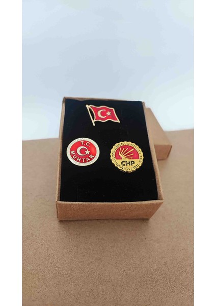 Caca Tasarım Türk Bayrağı - Muhtar ve Chp Yazılı Yaka Rozeti 3'lü Set Metal Gold Renk Kutulu