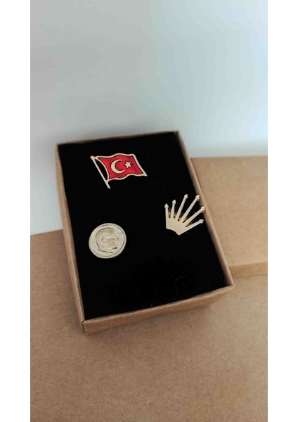 Caca Tasarım Türk Bayrağı - Atatürk  Portre ve Chp Logosu Yaka Rozeti 3'lü Set Metal Gold Renk Kutulu