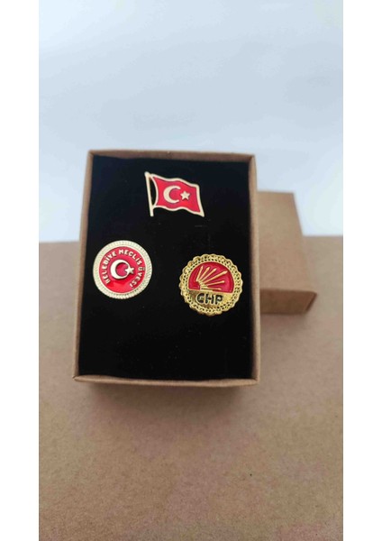 Caca Tasarım Türk Bayrağı Belediye Meclis Üyesi ve Chp Yazılı Yaka Rozeti 3'lü Set Metal Gold Renk Kutulu