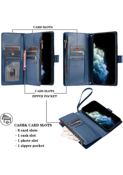 Mays Boutique Iphone 15 Için Kılıf Kart Yuvaları Cüzdan Fermuar Çanta Kapak Folio Kapak Pu (Yurt Dışından)