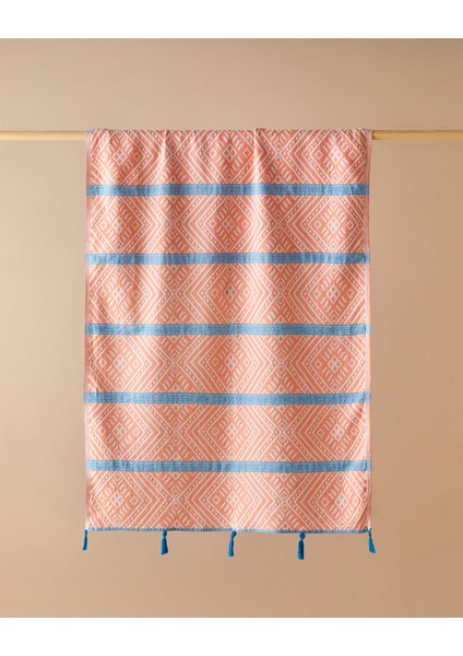 Crispy Pamuklu Püsküllü Peştamal Turuncu-Mavi