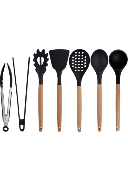 Siyah Bambu Silikon - Kepçe, Kaşık, Kevgir, Makarna, Açılı Spatula, Silikon - Metal Maşa 7 li Set