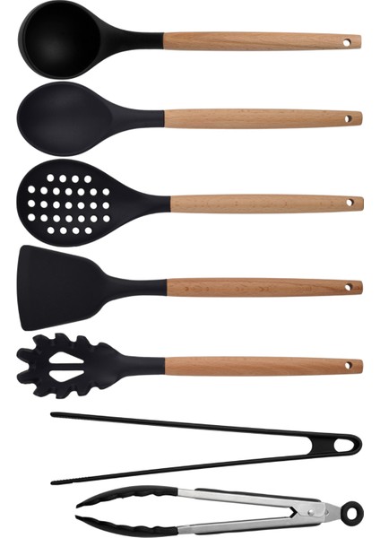 Siyah Bambu Silikon - Kepçe, Kaşık, Kevgir, Makarna, Açılı Spatula, Silikon - Metal Maşa 7 li Set