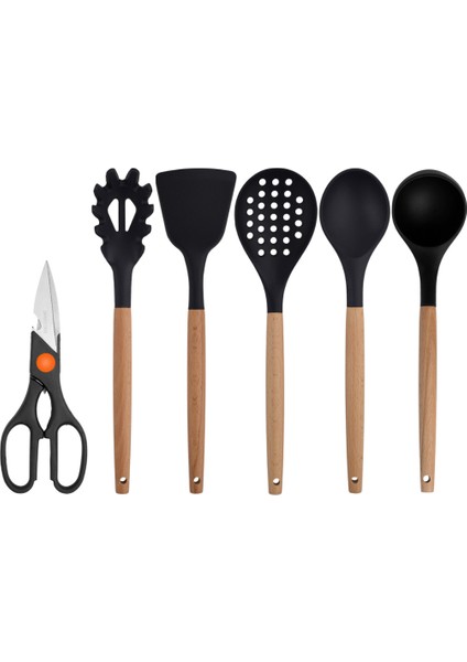 Siyah Bambu Silikon - Kepçe, Kaşık, Kevgir, Makarna, Açılı Spatula, Makas 6 lı Set