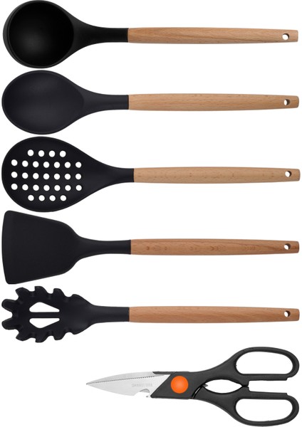 Siyah Bambu Silikon - Kepçe, Kaşık, Kevgir, Makarna, Açılı Spatula, Makas 6 lı Set
