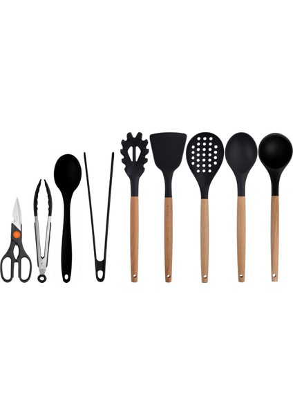Siyah Bambu Silikon - Kepçe, Kaşık, Kevgir, Makarna, Açılı Spatula, Silikon - Metal Maşa, Silikon Kaşık, Makas 9 lu Set