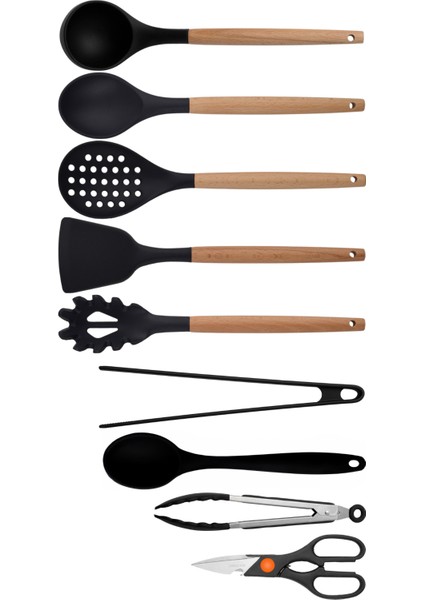 Siyah Bambu Silikon - Kepçe, Kaşık, Kevgir, Makarna, Açılı Spatula, Silikon - Metal Maşa, Silikon Kaşık, Makas 9 lu Set modelleri