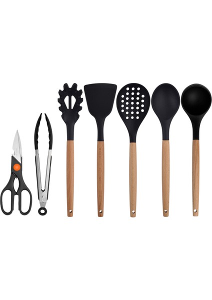 Siyah Bambu Silikon - Kepçe, Kaşık, Kevgir, Makarna, Açılı Spatula, Metal Maşa, Makas 7 li Set