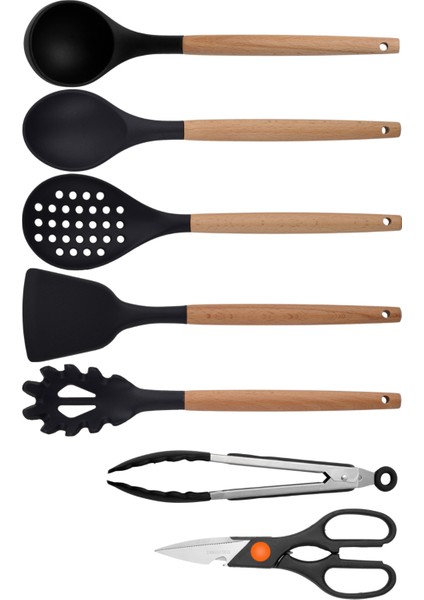 Siyah Bambu Silikon - Kepçe, Kaşık, Kevgir, Makarna, Açılı Spatula, Metal Maşa, Makas 7 li Set
