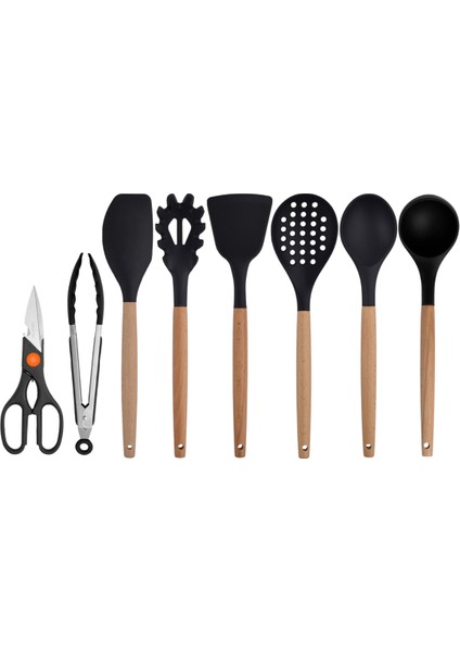 Siyah Bambu Silikon - Kepçe, Kaşık, Kevgir, Makarna, Açılı - Düz Spatula, Metal Maşa, Makas 8 li Set