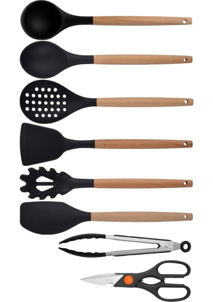 Siyah Bambu Silikon - Kepçe, Kaşık, Kevgir, Makarna, Açılı - Düz Spatula, Metal Maşa, Makas 8 li Set