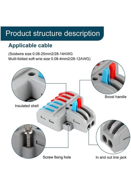 - 2 Giriş 6 Çıkış Kolay Hızlı Kablo Ekleme Birleştirme Konnektörü - Aç Kapa Kilitli Klemens
