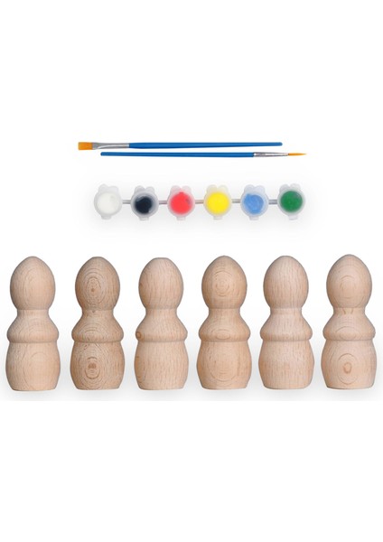 Montessori Toys Ahşap El Yapımı Peg Bebek 6'lı Boyama Seti Fırça Boya Dahil -PEG17-7,5CM