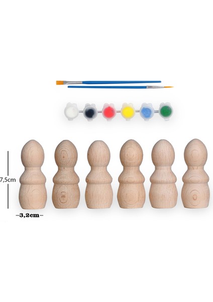 Montessori Toys Ahşap El Yapımı Peg Bebek 6'lı Boyama Seti Fırça Boya Dahil -PEG17-7,5CM