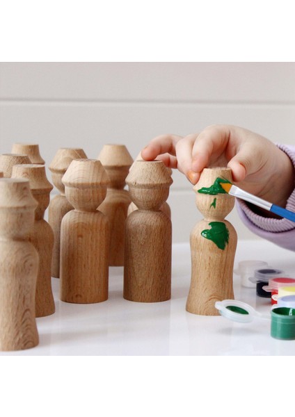 Montessori Toys Ahşap El Yapımı Peg Bebek 6'lı Boyama Seti Fırça Boya Dahil -PEG17-7,5CM