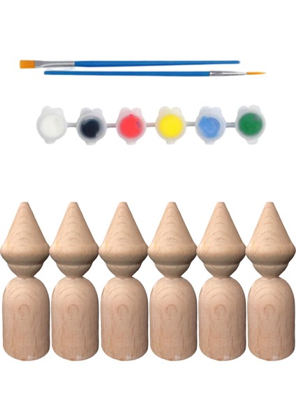 Montessori Toys Ahşap El Yapımı Peg Bebek 6'lı Boyama Seti Fırça Boya Dahil -5075