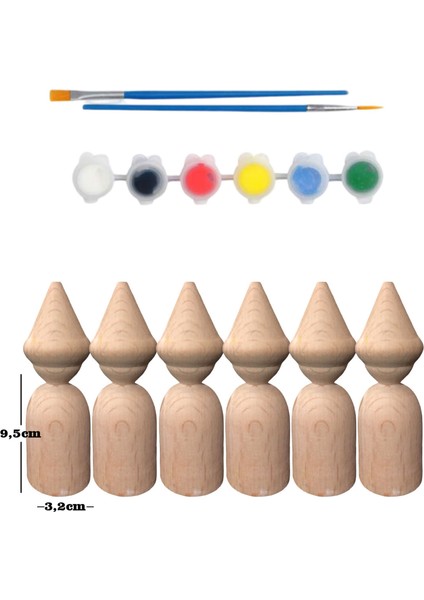 Montessori Toys Ahşap El Yapımı Peg Bebek 6'lı Boyama Seti Fırça Boya Dahil -5075