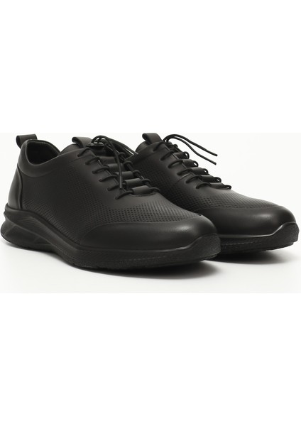 Erkek Siyah Bağcıklı Kauçuk Taban Hakiki Deri Sneaker