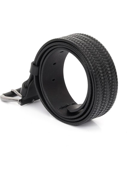 Erkek Siyah Hakiki Deri 4 Cm Baskılı Kot Kemeri