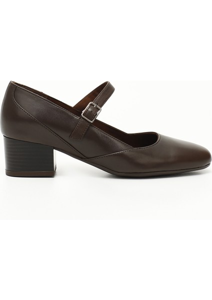 Kadın Kahve Antik Kısa Kalın Topuklu Mary Jane Hakiki Deri Ayakkabı