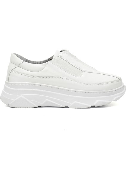 Kadın Beyaz Fermuarlı Dolgu Taban Hakiki Deri Sneaker