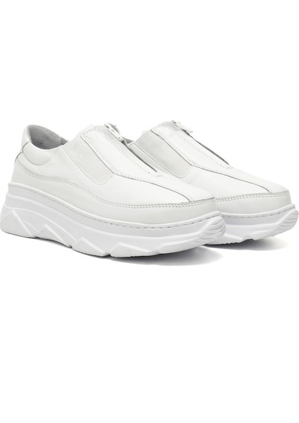 Kadın Beyaz Fermuarlı Dolgu Taban Hakiki Deri Sneaker modelleri