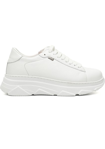 Kadın Beyaz Bağcıklı Dolgu Taban Hakiki Deri Sneaker