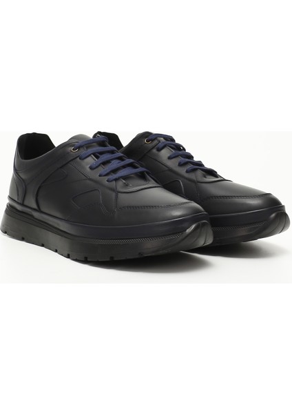 Erkek Lacivert Bağcıklı Hakiki Deri Comfort Sneaker