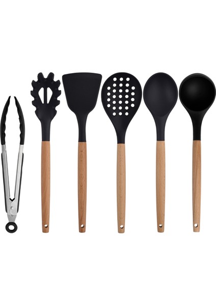 Siyah Bambu Silikon Set - Kepçe, Kaşık, Kevgir, Makarna, Açılı Spatula, Metal Maşa 6 lı Set