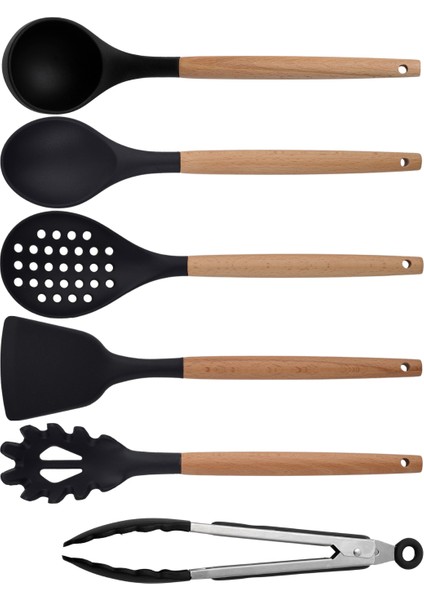 Siyah Bambu Silikon Set - Kepçe, Kaşık, Kevgir, Makarna, Açılı Spatula, Metal Maşa 6 lı Set fiyatları