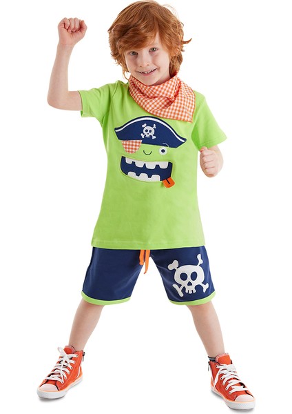3d Yeşil Korsan Çocuk T-shirt Şort Bandana Takım