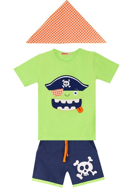 3d Yeşil Korsan Çocuk T-shirt Şort Bandana Takım