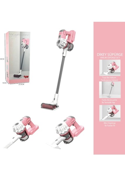 MonsterÇocuk - Çekme Özellikli Pilli Sesli Oyuncak Süpürge 75CM Dikey Elektrik Süpürgesi Dyson Model (3 In1 ) Pembe