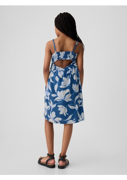 Kız Çocuk Koyu Mavi Çiçek Desenli Cut-Out Detaylı Elbise