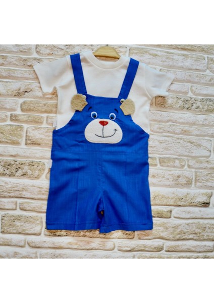 1-2-3 Yaş Keten Kumaş Tişörtlü Ayıcık Nakışlı Şort 2li Kız Erkek Bebek Salopet Takımı