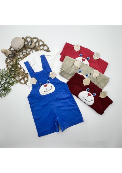 1-2-3 Yaş Keten Kumaş Tişörtlü Ayıcık Nakışlı Şort 2li Kız Erkek Bebek Salopet Takımı fiyatları